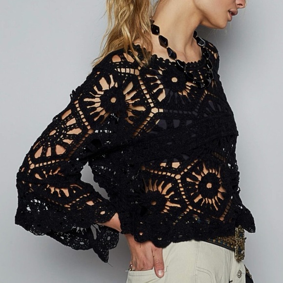 New One Size POL 3/4 sleeve Crochet Women Top - Picture 3 of 3